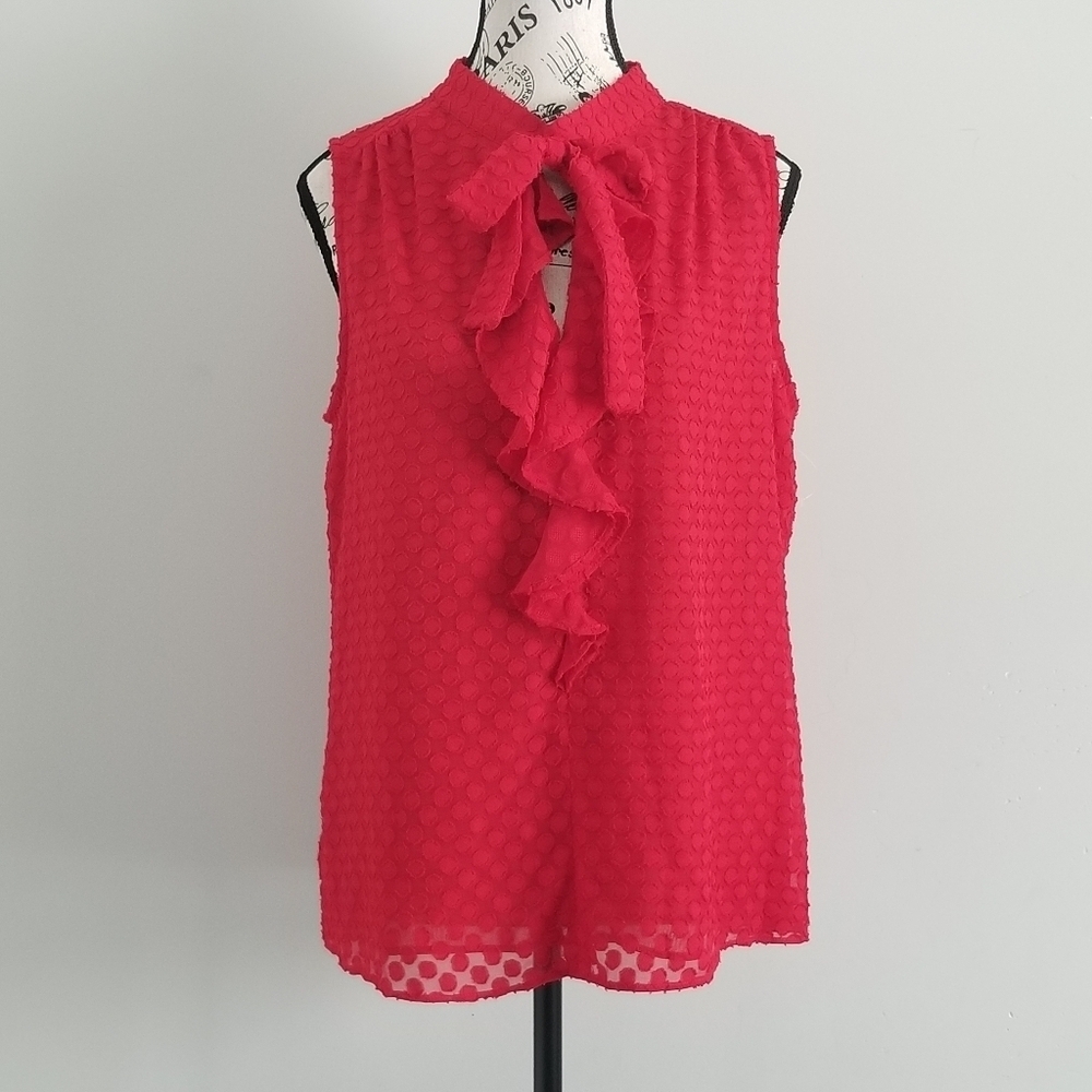 🆕 Tommy Hilfiger Red Blouse Swiss dot mesh Pussybow Ruffles Size Medium
